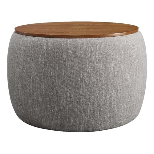 Modway EEI-6688-HEW Perla 26 Inch Round Storage Ottoman With Tray Lid In Heathered Weave Wheat -Heathered Fabric Ottoman - Versatile Footrest - Woven Coffee Table cover