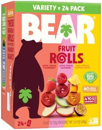 BEAR Real Fruit Snack Rolls - Gluten Free, Vegan, and Non-GMO - Variety Pack (Strawberry, Raspberry, Tropical)) – 48 Rolls, Healthy School and Lunch Snacks for Kids and Adults, 0.7 Ounce (Pack of 24)
