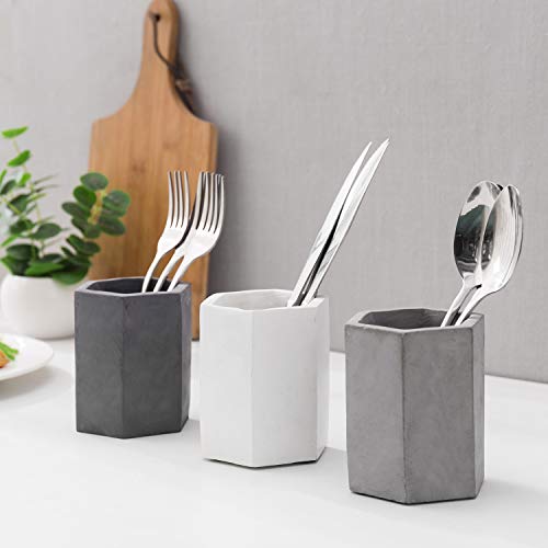 Image of MyGift Set of 3 Cement Decorative Hexagon Multi-Colored Desktop Pen Holder and Pencil Office Supply Stationary Storage Cups (White, Gray, Black)