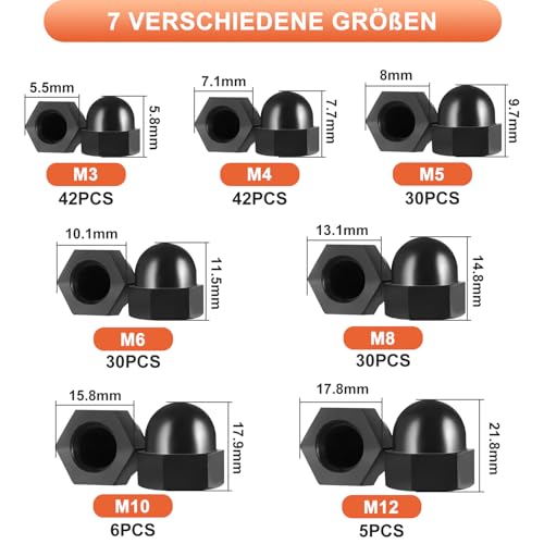 Hutmuttern Hohe Form Set 185stk M3/M4/M5/M6/M8/M10/M12 Sechskant Hutmuttern Verzinkt Hutmutter Korrosionsbeständigkeit Kuppelmuttern Hutmuttern für Möbel Fahrzeugbefestigungen(Schwarz/Nylon)