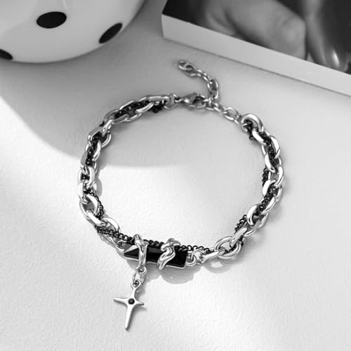 Image of PROBEROS Bracelet for Men Gothic Double Chain Star Charm Link Chain Punk Hip Hop Unisex Style Rock Cool Adjustable Bracelet Gifts for Boyfriend & Husband