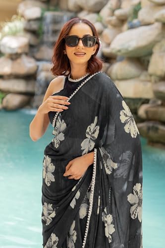 Image of MIRCHI FASHION Women Saree Floral Print Chiffon | Lightweight Festive Occasion Sari for Farewell and Functions with Unstitched Blouse Piece