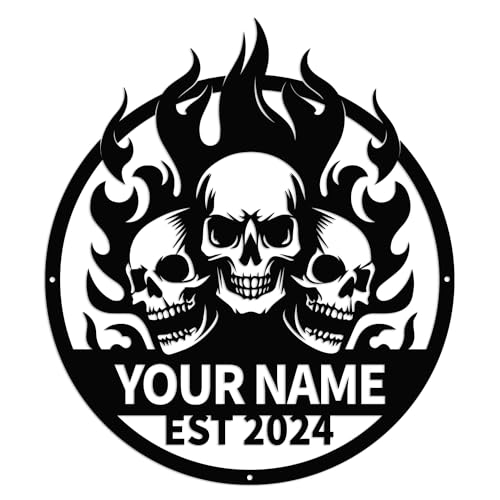 Personalized Skull Demon Flame Cool Name Signs,Custom Shed Wall Decor,Black Wall Art Decor,Home Metal Signs Plaques,Outdoor Wall Decorative Signage (Style B)