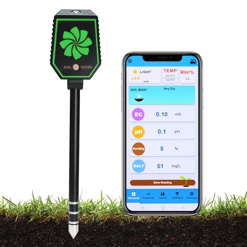 8-in-1 Bluetooth Soil Meter for pH, EC, Moisture, Fertility, Temperature, Light, and Humidity Monitoring with Real-Time App Control, Data Logging, and Precise Calibration for Plant Care