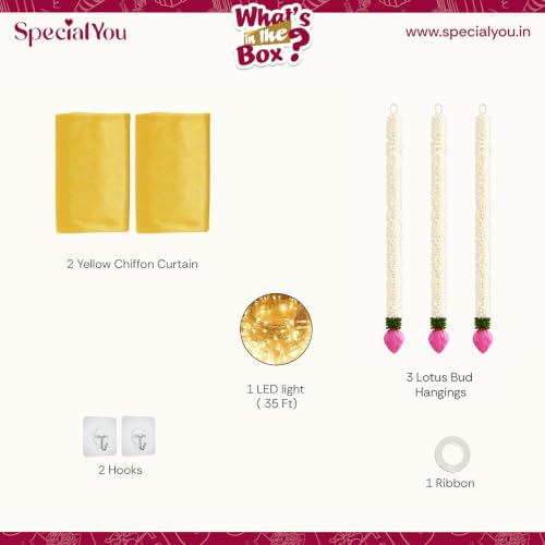 Image of SpecialYou Ganpati Decoration Setup for Home with Lotus Buds Hanging & Yellow Backdrop Cloth for Decoration Pooja Room Decorations Items, Home Decor Items, Ganpati Backdrop Decorations- 9 Pcs