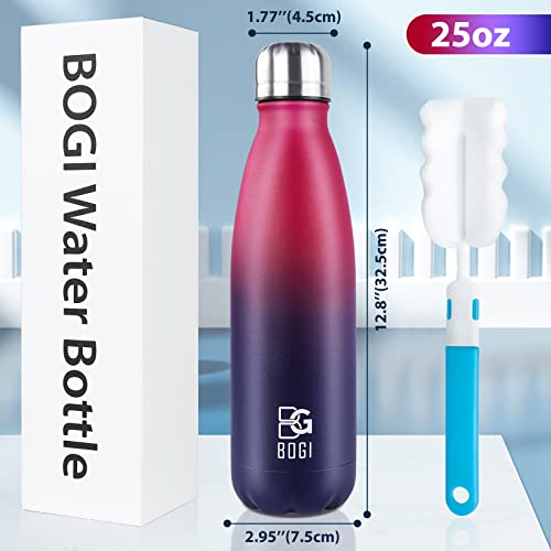 Image of BOGI Insulated Water Bottle, 25oz 2 Pack Stainless Steel Water Bottles, Leak Proof Sports Metal Water Bottles Keep Drink Cold for 24 Hours and Hot for 12 Hours BPA Free kids water bottle for School