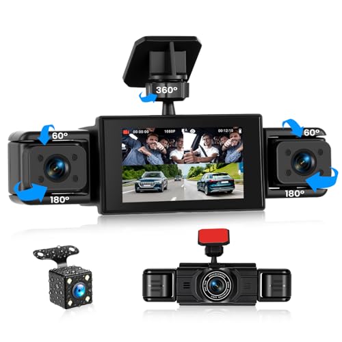 CAMECHO Dashcam 4 cámaras 1080P, visión 360° para Coche, Pantalla 3', Asistente de Marcha atrás con guías, Compensación de exposición, detección de Movimiento, grabación en Bucle y Montaje Ultra fácil