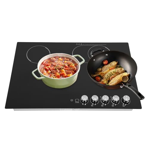 4 Burners Electric Cooktop, 30 Inch 3700W Electric Ceramic Cooktop Built-in Electric Stove Top with 5 Heating Levels, Kid Safety Lock and Timer, 110V for Hard Wire (No Plug)
