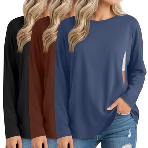 Image of Sweetyweee 3 Pack Women's Nursing Breastfeeding Tops Long Sleeve Maternity Shirts Oversize Hidden Zipper Pregnancy Clothes