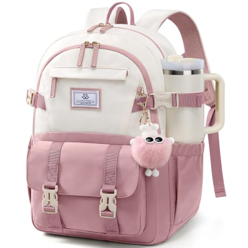 LOVEVOOK School Backpack for Teen Girls, Bookbag for 8-16 Student, Middle High College Back to School Cute Kids Backpack, 15.6 Inch, Pink-beige