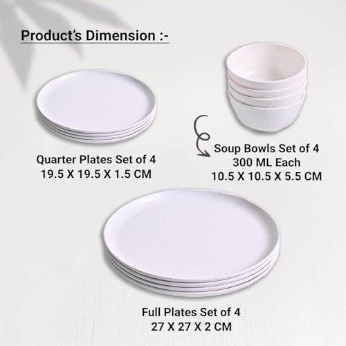 Image of Market99 Heavy-Duty White Hammered Melamine Dinner Set - 12 Pcs | Includes 4 Dinner Plates, 4 Side Plates & 4 Soup Bowls | Matte Finish Tableware for Daily Dining, Home Kitchen & Modern Meal Setup