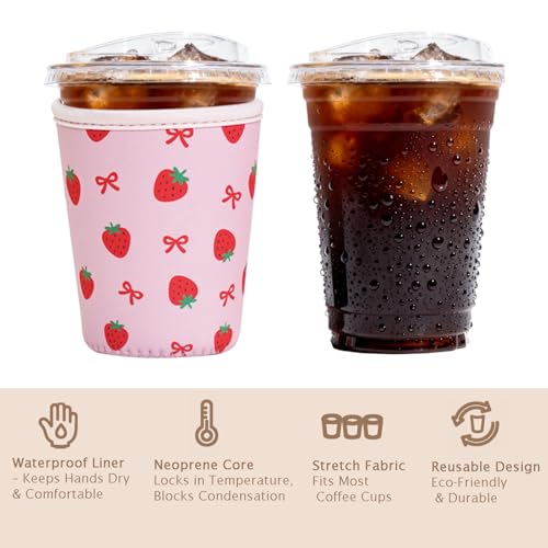 Image of Reusable Insulated Sleeve for Iced Coffee Cup, 3-Pack Coffee Neoprene Drink Sleeve for Cold & Hot Drinks, Beverage Holder for Iced Coffee (Pink Berry Bows)