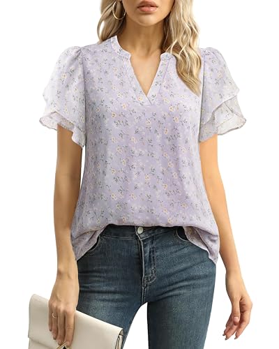 Lotusmile Womens Floral Blouse, Flutter Sleeve Tops for Women Summer Tops Dressy Casual Cute Tops Women's Short Sleeve Blouses for Work Formal Blouses Flattering Chiffon Dressy Summer Tops for Women