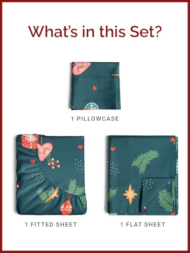 Twin Green Christmas Sheet Set - Holiday Xmas Pattern Bedding Set - Deep Pockets - Snug Fit - 3 Piece - Wrinkle Free & Easy Care - Comfy Festive Winter - Holiday Sheets for Women, Men, Kids & Teens