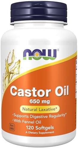 NOW Castor Oil 650mg with Fennel Oil, 120 Softgels, Natural Laxative, Supports Digestive Regularity
