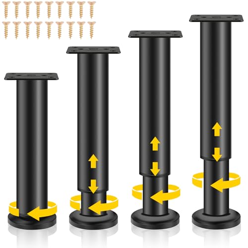 Ouxayapl Pieds de Meubles Réglables, 4 Pieds de Meubles Métal Noir, Pied Meuble, Pieds Universels Ajustables pour Meubles pour Canapé, Lit, Armoire, Table, avec Vis, Hauteur Réglable (18-30 cm)
