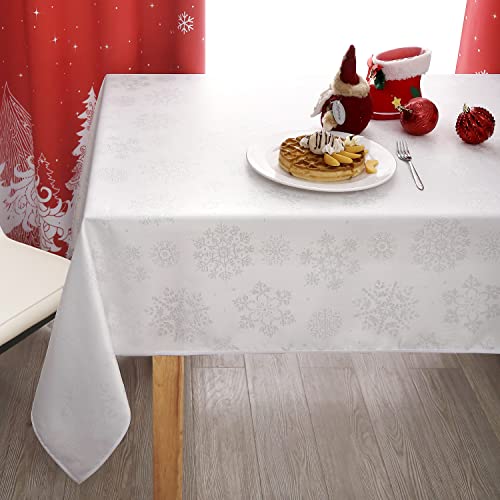 MikiUp Jacquard Rectangle Christmas Tablecloth - Xmas Snowflakes Glitz Metallic Fabric Table Cloth, Waterproof and Washable Holiday Decorative Table Cover for Party, White/Sliver 60 x 84 Inch