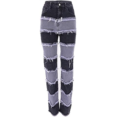 SSPalu Women Patchwork Jeans High Waist Color Block Trousers Distressed Pants Hem Denim Pants Wide Leg Trousers Cover