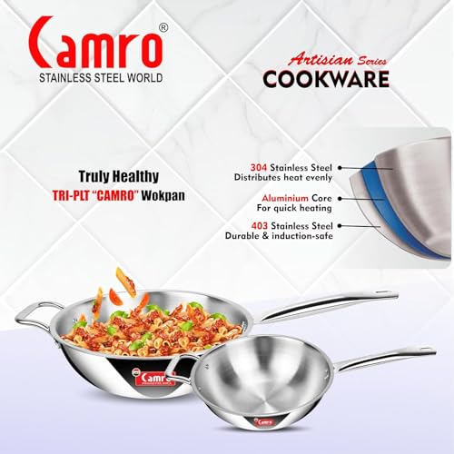 Image of Camro Triply Artisian Wok Pan 24 Cm, 3.1 Liters | Heavy-Duty Kadai for Noodles, Fried Rice Perfect Grip Traditional Chinese Cooking | Dishwasher Safe | 6 Years Warranty