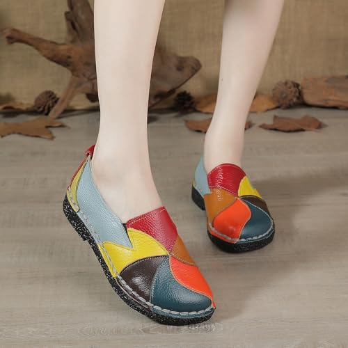 Image of Trsorini Women Leather Loafers Slip-on Casual Flat Shoes | Soft sole comfortable slip on flats,multi color stitching design,driving walking casual daily dress occasions wear