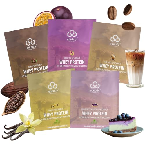 edubily® Whey Protein Konzentrat Probierpaket - Aus Milch von Kühen mit Weidezugang - Ohne Zucker & mit Stevia gesüßt - Optimale Löslichkeit - Made in Germany (5 x 25 g)