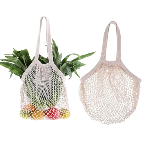 Bolsas de Malla Reutilizables,2 Pack Bolsa de Compra de Red de Algodón Grande Malla Compra de Malla con Asa Larga para Compra o Como Bolso de Mano, Portátiles, para Frutas Verduras de Mercado