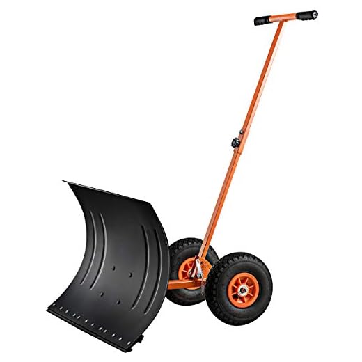 Goplus Wheeled Snow Pusher w/Angle Adjustable Handle & 10-inch Wheels, 29-inch Rolling Snow Removal Shovel (Orange)