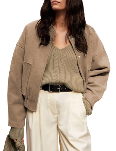 Women's Cropped Bomber Jacket Casual Baseball Collar Button Down Fashion Oversized Coat with Pockets Outwear