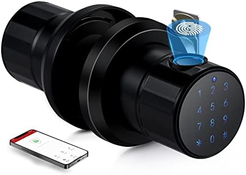 Fingerprint Door Lock, Biometric Door knob with 4 Ways to Unlock(App/Fingerprint/Code/Key), 255 Users, Unlocking Record, Illegal Entry Reminder, Normally Open Setting, Zinc Alloy (Non Aluminum)