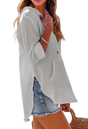 Ebifin Women's Beach Cover Up Hoodies Sweatshirt Long Sleeve V Neck Pocketed Hooded Shirt Top Grey4