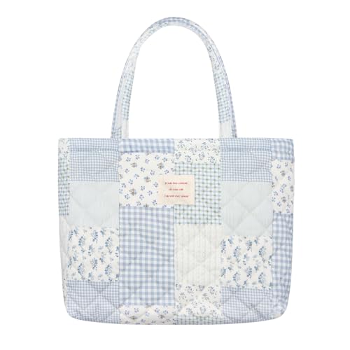 LJCZKA Quilted Cotton Tote Bag for Women Floral Shoulder Tote Bag Large Capacity Casual Handbag for School Commute Travel