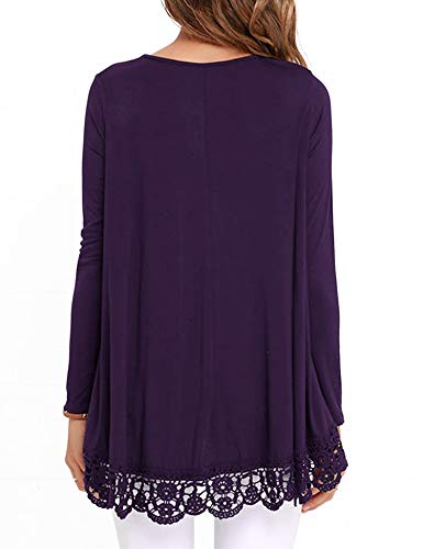 RAGEMALL Women's Tops Long Sleeve Lace Trim O-Neck A-Line Tunic Blouse Tops for Women Purple XL