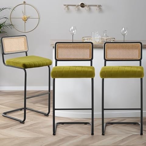 WOOW DEPOT Rattan Bar Stools Set of 3, 30" Bar Height Barstools with Cane Mesh Back and Black Base, Velvet Upholstered Armless Tall Bar Chairs Stools for 40"-44 Kitchen Island, High Table, Olive Green Cover