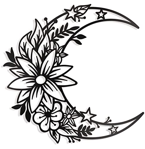 Image of Vivegate Moon Metal Floral Art Decor - 14"X13.5" Black Boho Large Floral and Star Phase Wall Signs for Half Moon Flower Sculpture Hanging Wall Decor for Bedroom