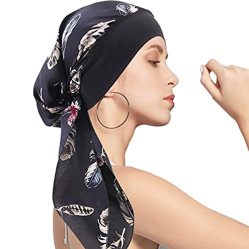 WUERKIYA Pañuelo para La Cabeza Plisado   Tocado para Mujer y Gorro para Quimio   Conjunto Preatado Negro con Pluma