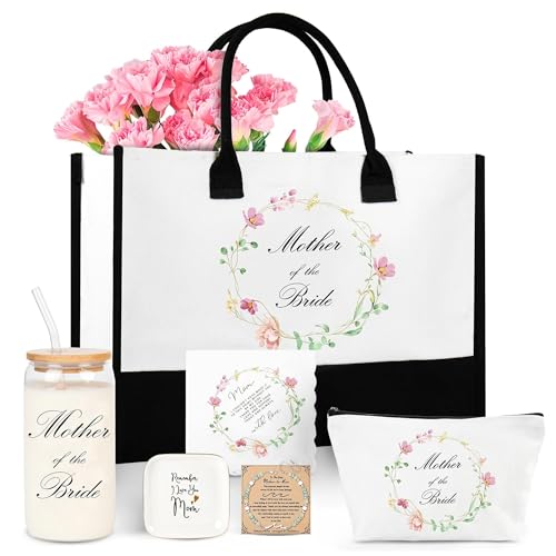J6&H6 Mother of the Bride Gifts Mother Gift Set Included Glass Cups Tote Bag Bracelet for Bridal Shower Wedding Gifts (Bride)