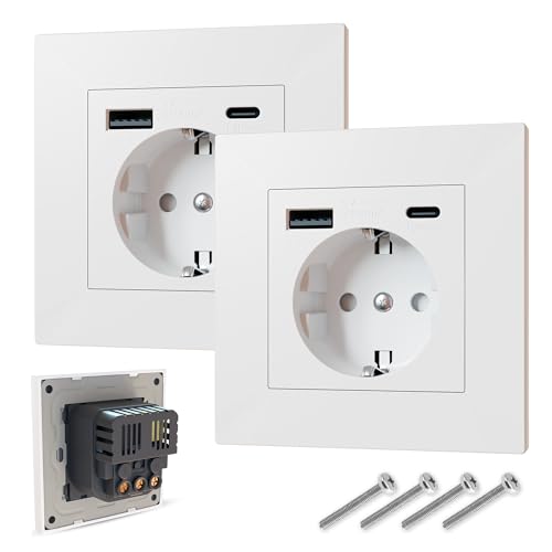 BROSSTALL Pack x2 Enchufes de Pared USB y tipo C, Carga Rápida 5V-2100mA, Fácil Instalación, Certificados CE y RoHS, Superficie Schuko 16A, Empotrable, Con Manual de Instalación.