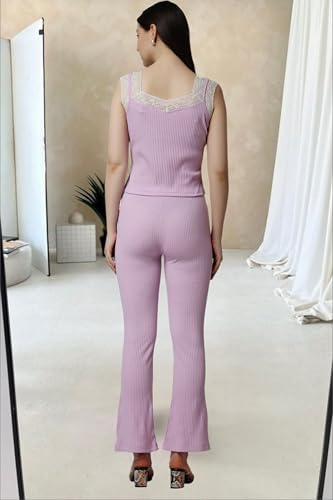 Image of POPWINGS Casual Lavender Solid Rib Crop Top and Trouser Co-ord Set for Women