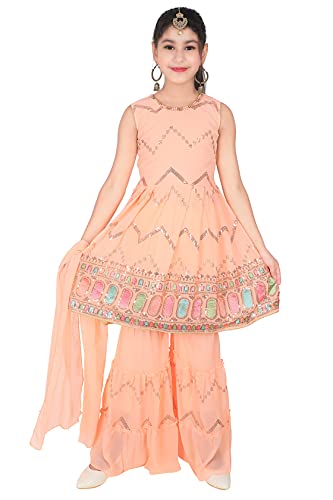 Image of Girl's Ethnic Wear Sleeveless Embellished Straight Georgette Net Full Length Kurti Sharara Set with duppta for Girls(SHRA011-$)