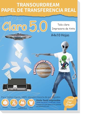 TransOurDream -Marca de Confianza, Papel de Transferencia Térmica para Camisetas y Tejidos Claro（A4x10 Hojas） Fácil de Usar, Compatible con Impresoras de Inyección de Tinta, ES-2-5.0-10