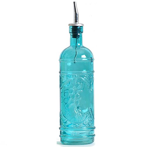 16.1oz Olive Leaf Multi-purpose Kitchen Olive Oil, Liquid Hand, Dish Soap Decorative Glass Bottle Dispenser Designer Glass Bottle with BONUS Stainless Steel Spout and Dust Cap! (Aqua Blue)