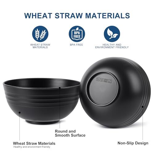HOTEC BPA Free Unbreakable Wheat Straw Cereal Bowls - Microwave & Dishwasher Safe Soup and Salad Bowls, Set of 8, 26oz, Black