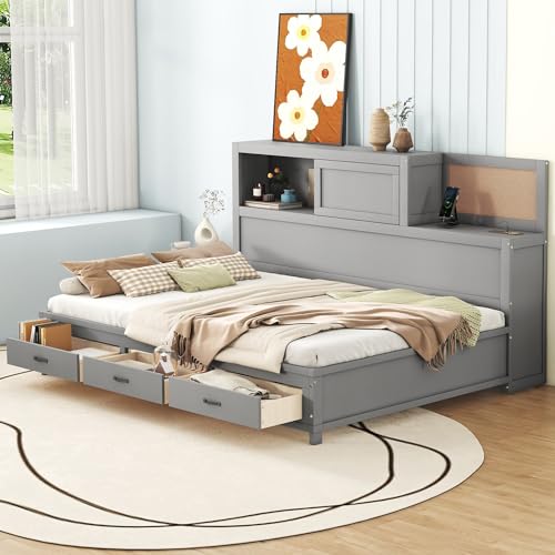 Rustic Wooden Full Size Daybed with 3 Storage Drawers,Upper Soft Board and Shelf, A Set of Sockets and USB Ports,for Small Space Living Room Study Room Bedroom Use (Gray@Sockets-, Full)