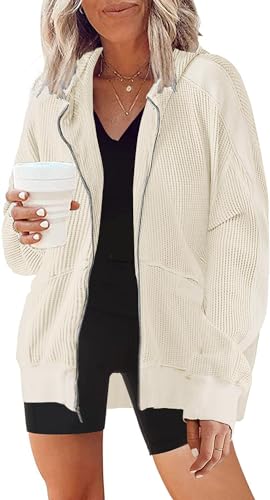 Image of Womens Fashion Zip Up Hoodies Oversized Waffle Knit Jacket Shirts Long Sleeve Solid Shacket Blouse with Pockets