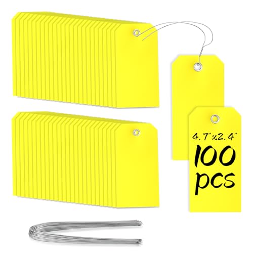 XUWAIDSGN 100 Yellow Plastic Shipping Tags with Wire, Pack of 100, 4 3/4