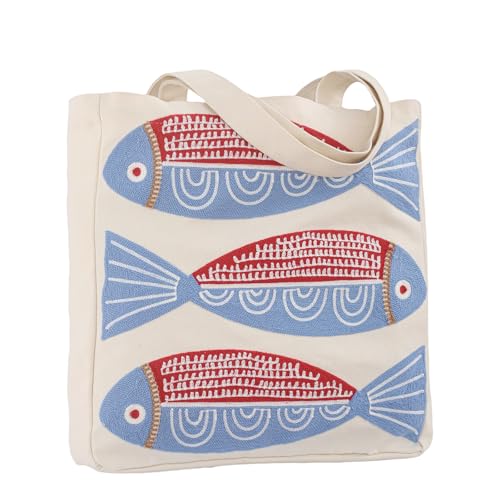 Perseverance Trade Ocean-Themed Embroidery Tote Bag for Women Summer Canvas Beach Bag with Magnetic Buckle and Zipper Pocket Reusable Cotton Bag for Shopping Grocery Book Gift Gym Red Sardine Fish