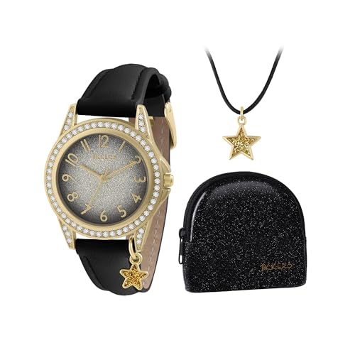 Tikkers Juego de regalo de reloj de cuarzo analógico con estrella negra para niña, collar y monedero con purpurina, negro, Estrella