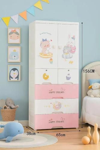Image of Kids Plastic Collapsible Wardrobe Organizer for Storage with Drawers | Cute Cartoon Design | Heavy Duty Runner Rug Floor Mat Carpets Organizer Bedroom, Living Room (Sweet-Heart, 1+5-Door)
