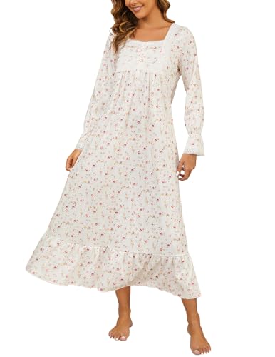 Rubehoow Women's Knit Floral Long Sleeve Cotton Nightgown Button Front Long House Dress with Pokcets (Vintage Rose, S)