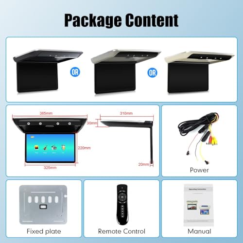 Kunfine Car 14 Inch Overhead Monitor Screen Display LED Vehicle Flip Down Roof Mount Console HDMI TV Player Control Panel NO DVD(Grey